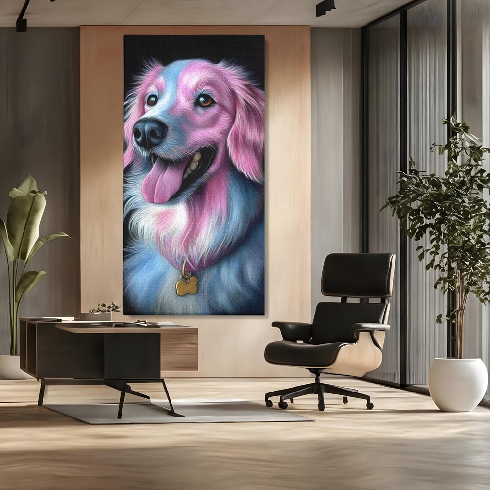 Tablou canvas cu tablou canvas cu caine pastelat, fara rama, pe sasiu de lemn, pe perete intr-un birou
